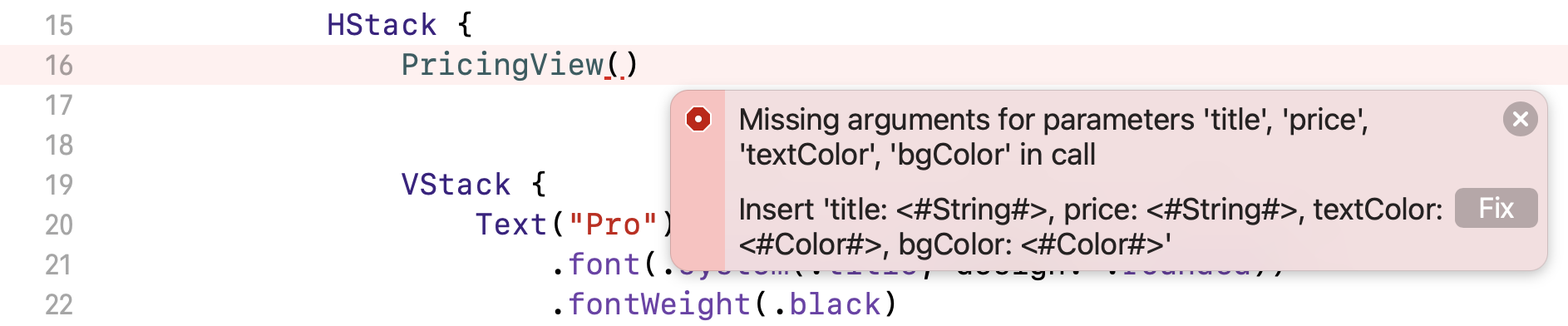 圖 4.20.　Xcode 指出 PricingView 中的錯誤