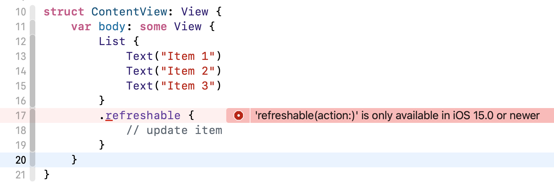 圖 A.2. refreshable 修飾器只適用 iOS 15 及之後的版本