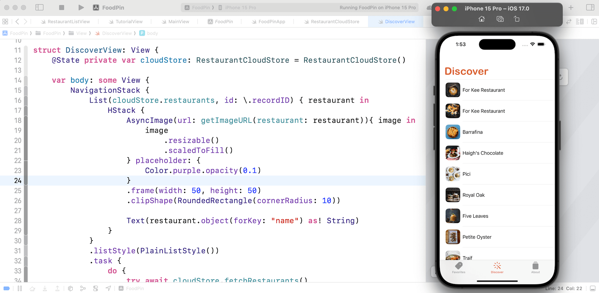 圖 23.16. Discover 標籤現在從公共資料庫下載餐廳