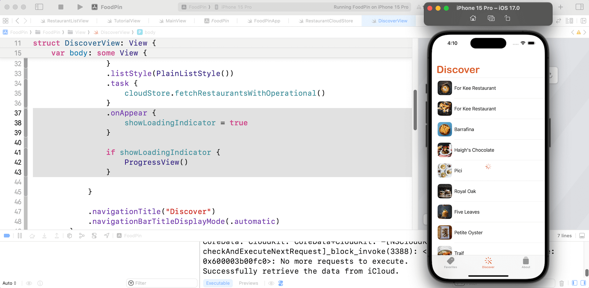 圖 23.19. 即使顯示了所有紀錄，載入指示器依然繼續旋轉