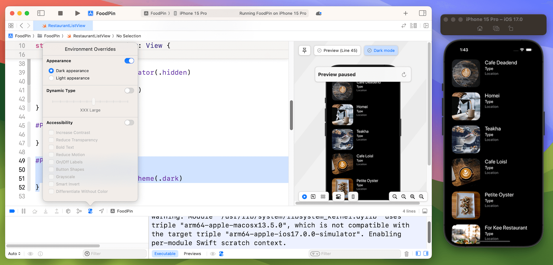 圖 7.15. 使用模擬器時切換到深色模式