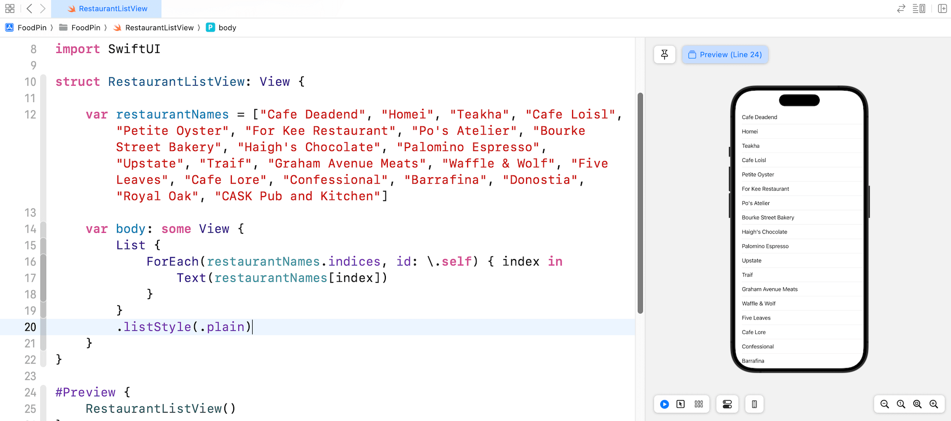圖 7.7 在清單中顯示餐廳名稱