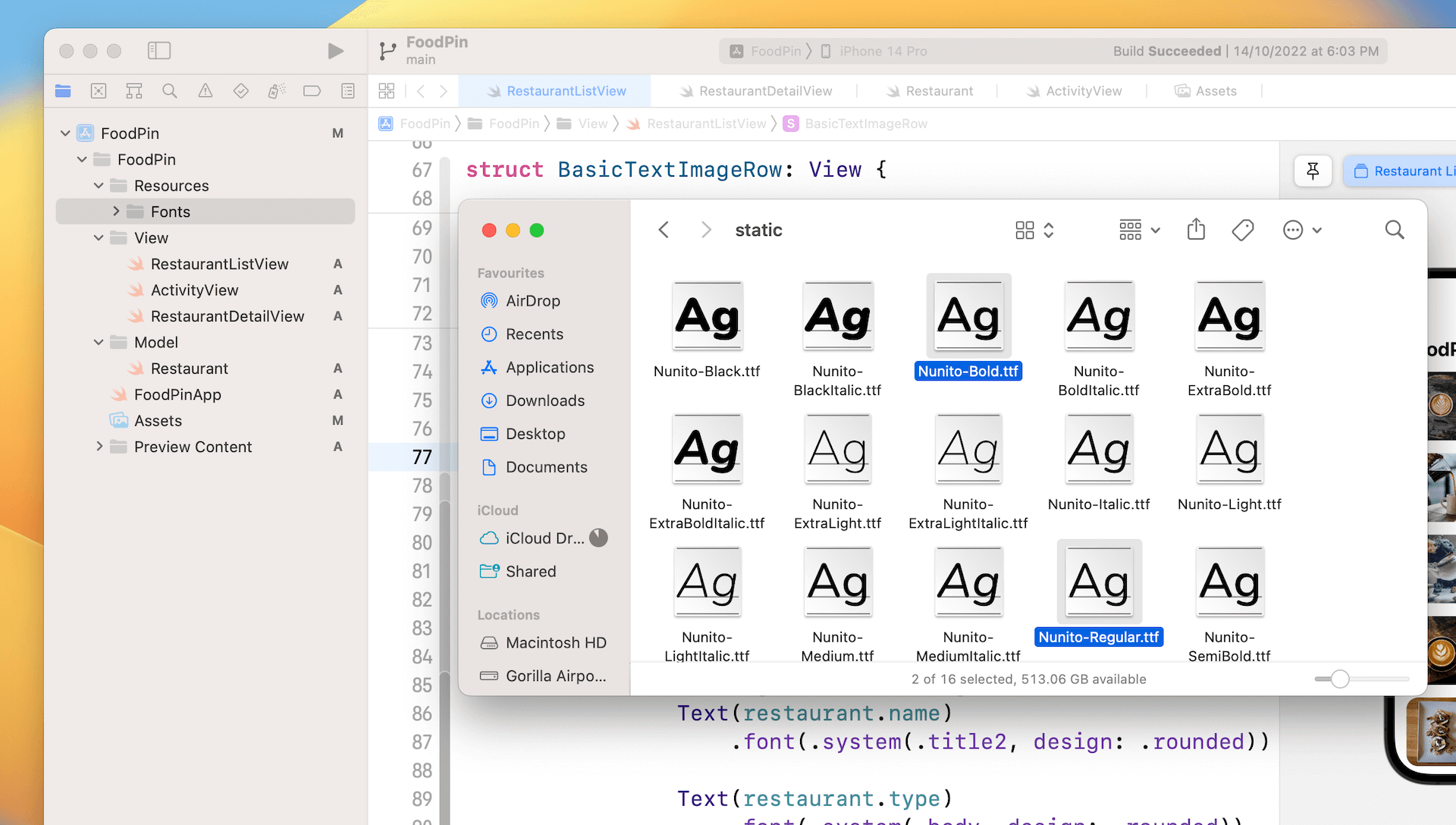 圖 12.2. 　將字型檔加到 Xcode 專案