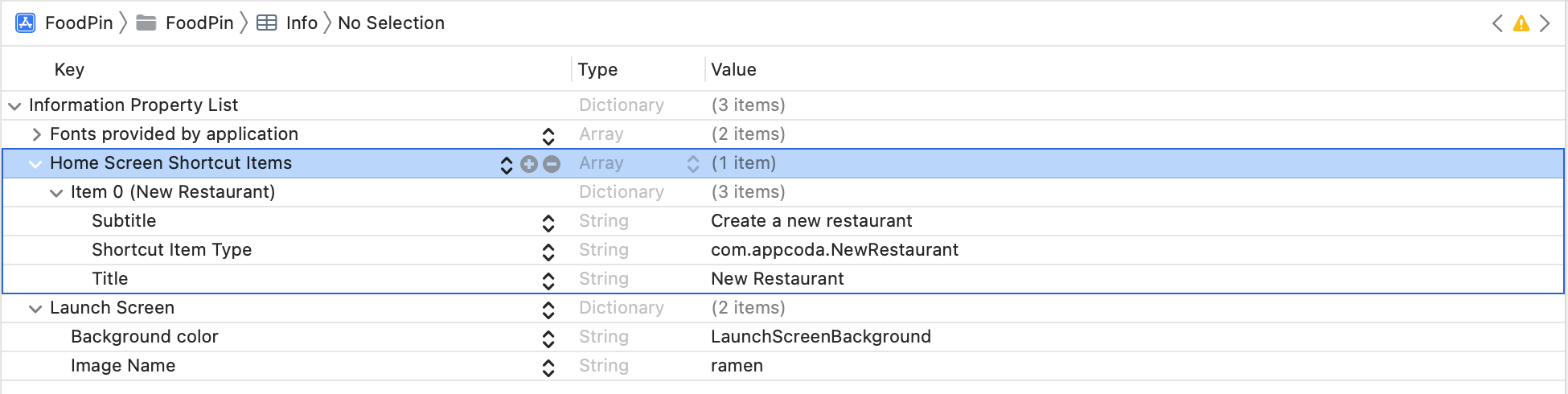 圖 28.3. 靜態快速動作的範例 Info.plist 