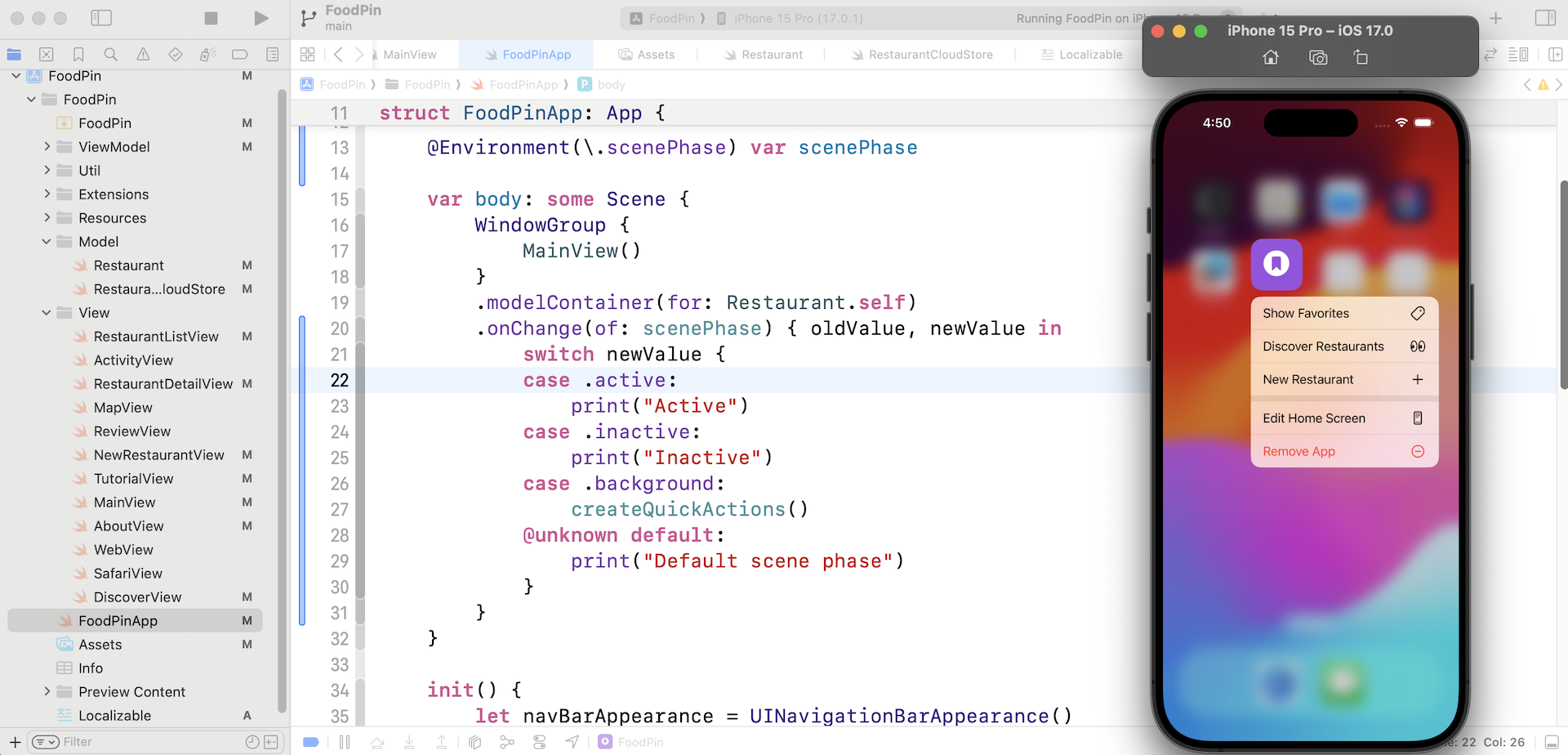 圖 28.4. FoodPin App 中的快速動作