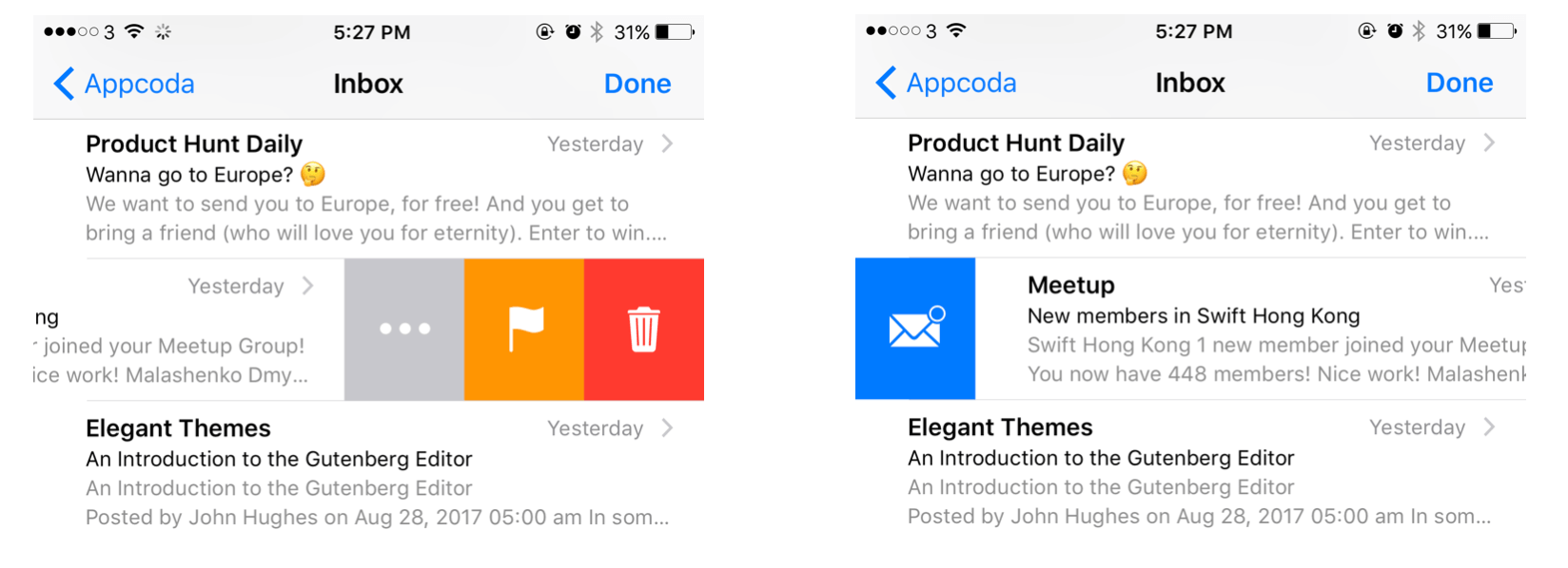 圖 10.3. 在郵件 App 中的滑動動作