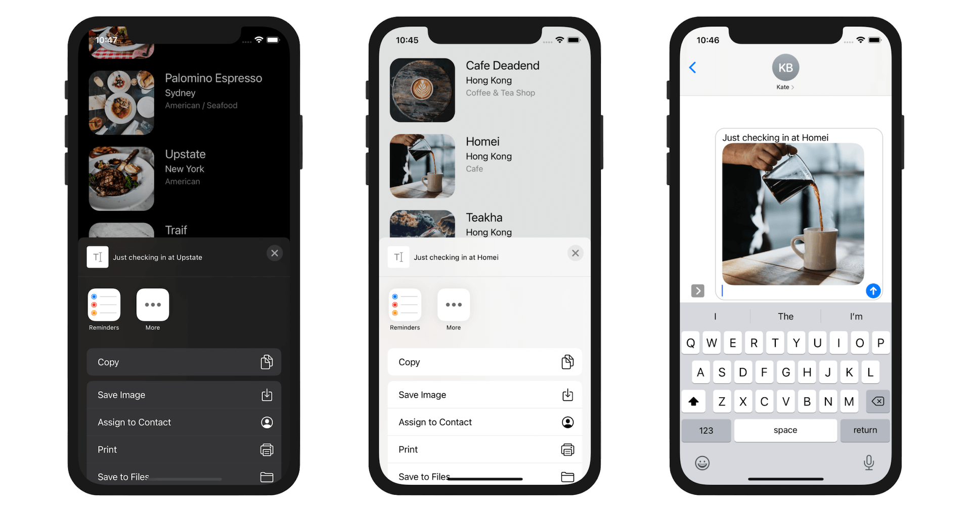 圖 10.7. 複製所選的餐廳並貼到 Messages App 中