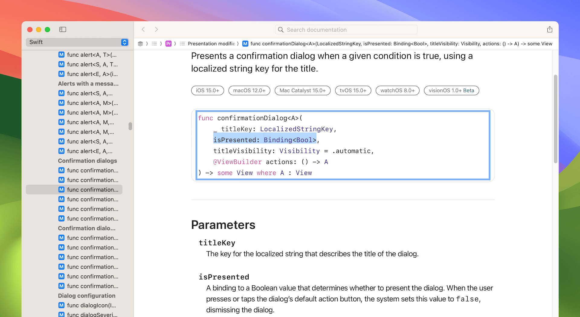圖 8.11. confirmationDialog 的 API 文件