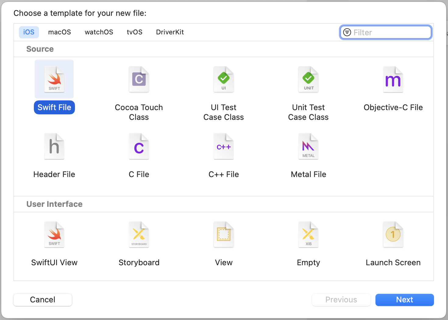 圖 9.3. 使用 Swift File 模板來建立一個新類別