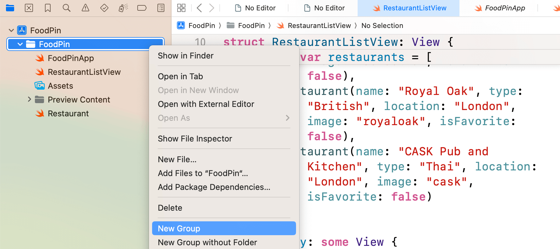 圖 9.6. 在FoodPin 按右鍵來建立一個新群組