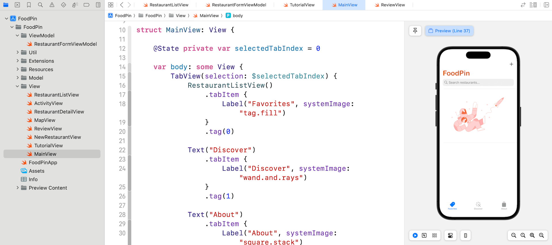 圖 21.2. 在標籤介面中嵌入餐廳清單視圖