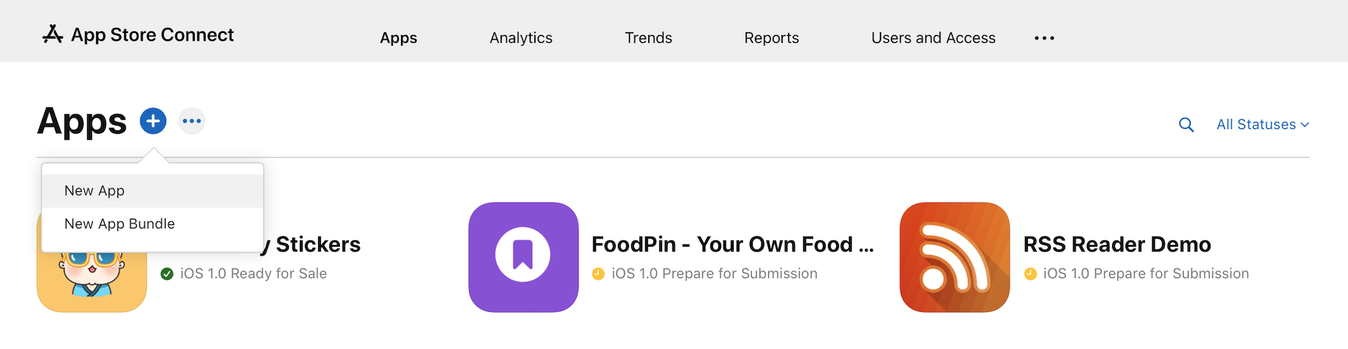 圖 26.1 　在 App Store Connect 建立新的 iOS App 