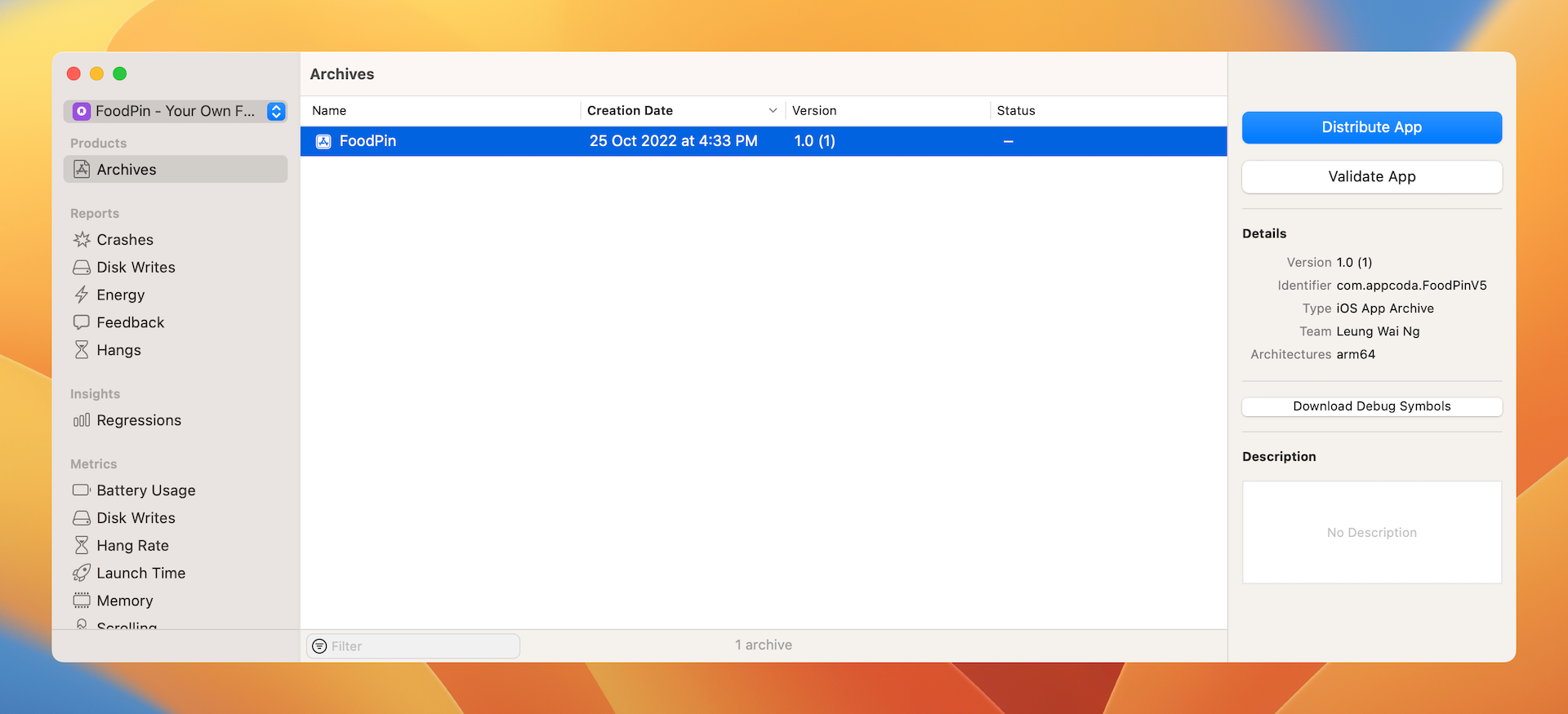 圖 26.15. 你的 App 打包檔案出現在 Organizer 中