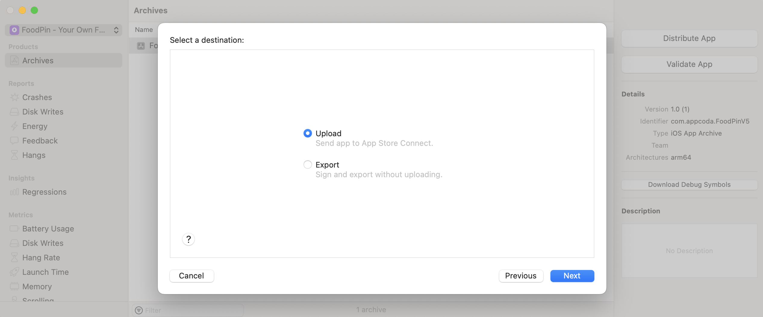 圖 26.17. 上傳你的 App 打包檔到 App Store Connect 