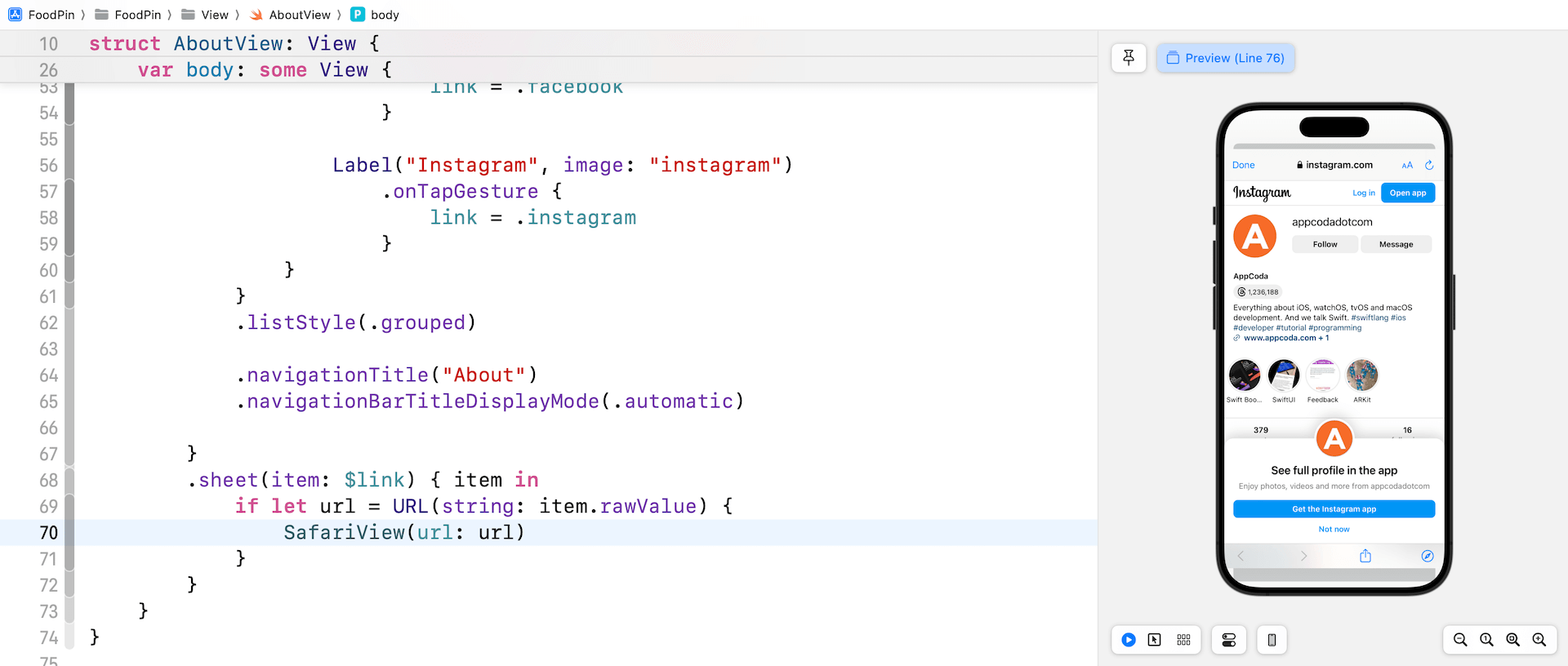圖 22.6. 使用 Safari 視圖來開啟連結